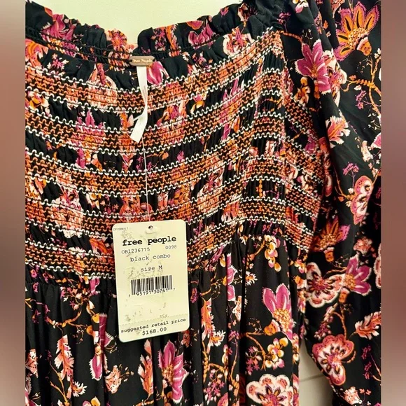 Women’s FREE PEOPLE Sweet Escape Smocked Maxi Dress Medium NWT! Black Floral - Picture 6 of 11